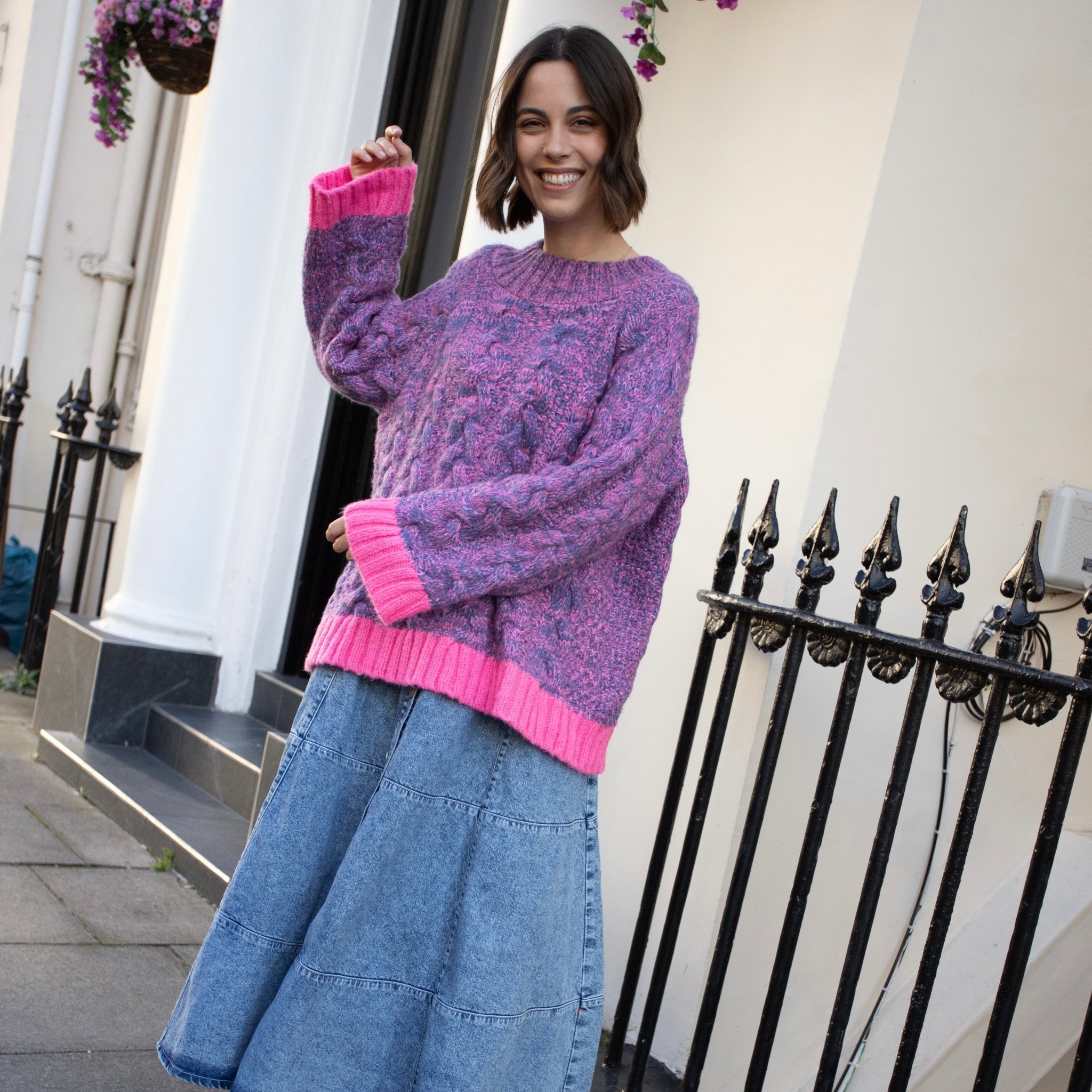 Jennie Cable High Neck Balloon Sleeve Jumper - Denim