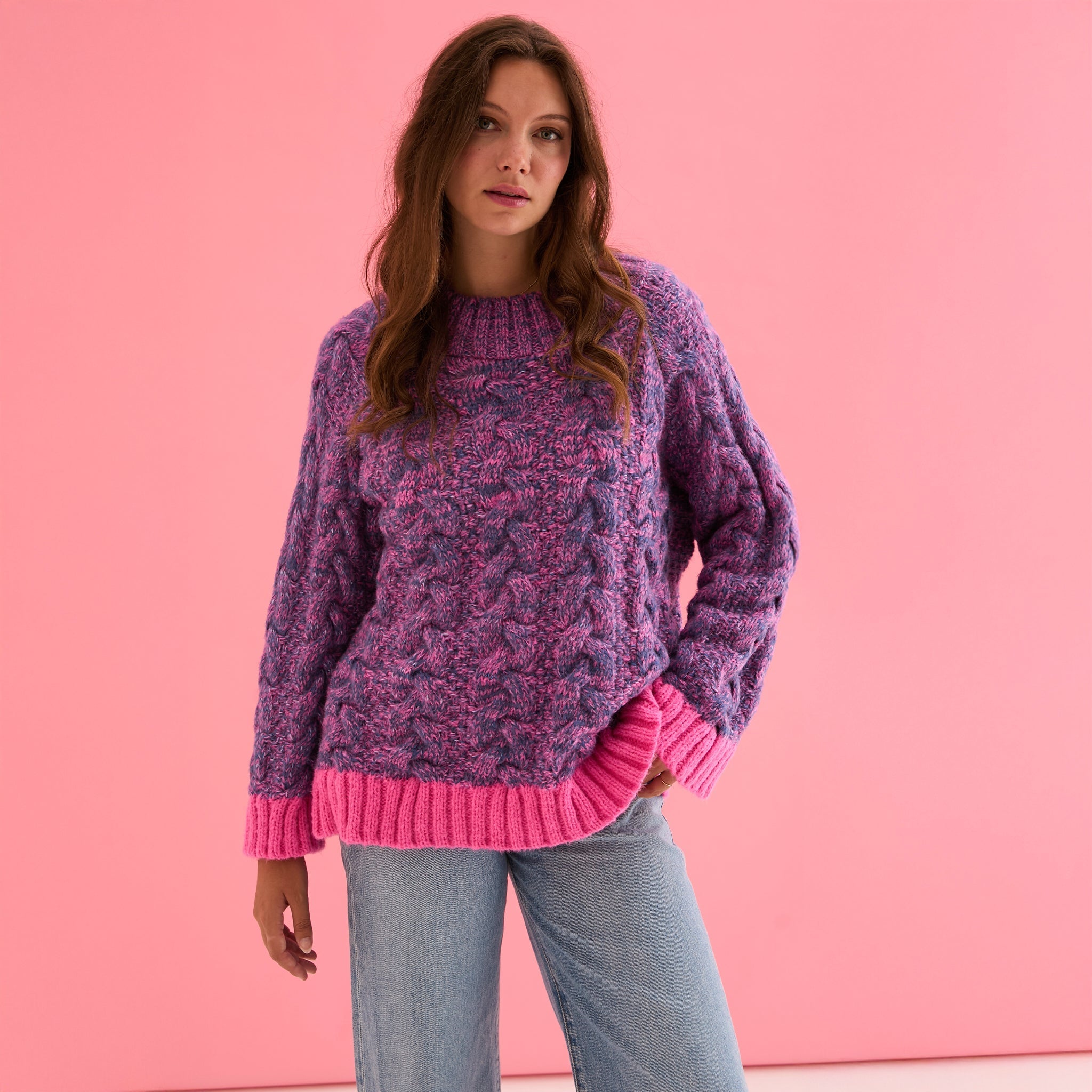 Jennie Cable High Neck Balloon Sleeve Jumper - Denim