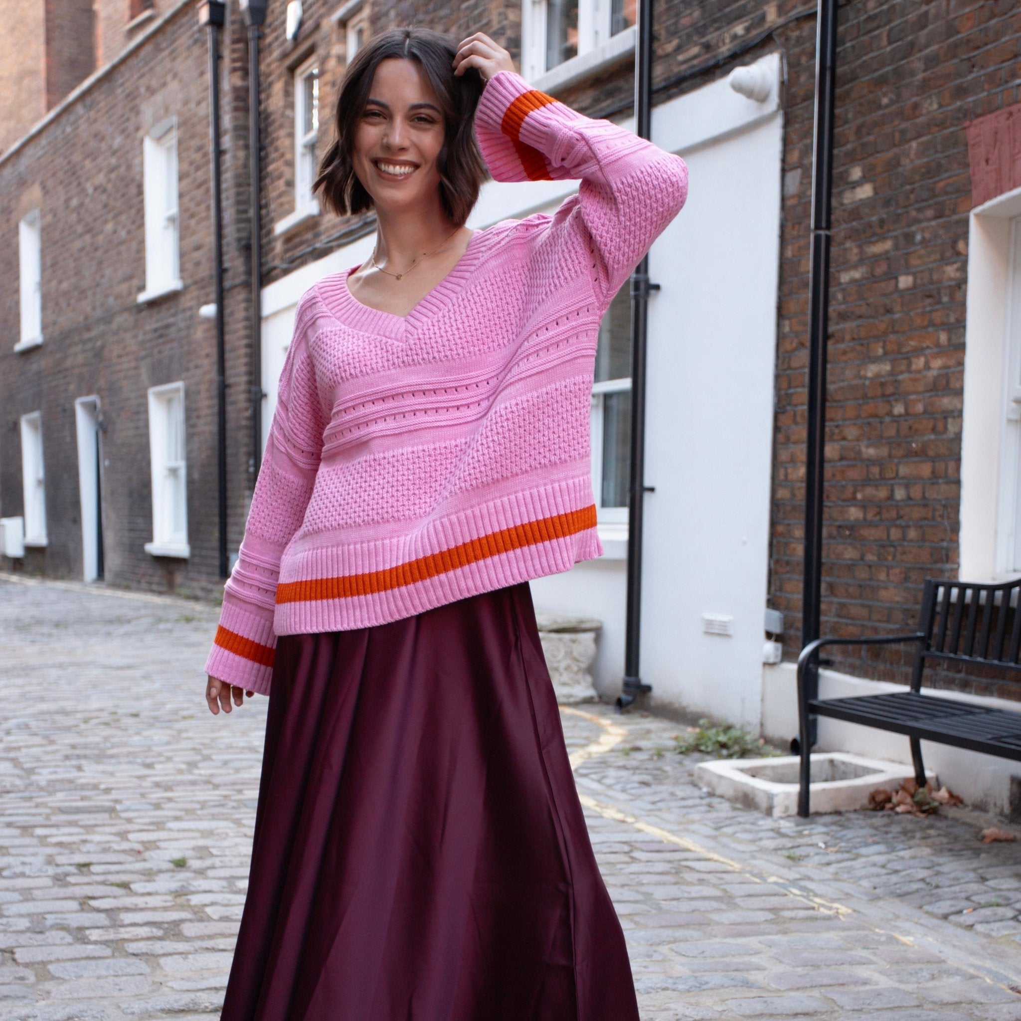 Judith Pointelle Stitch v Neck Jumper - Pink