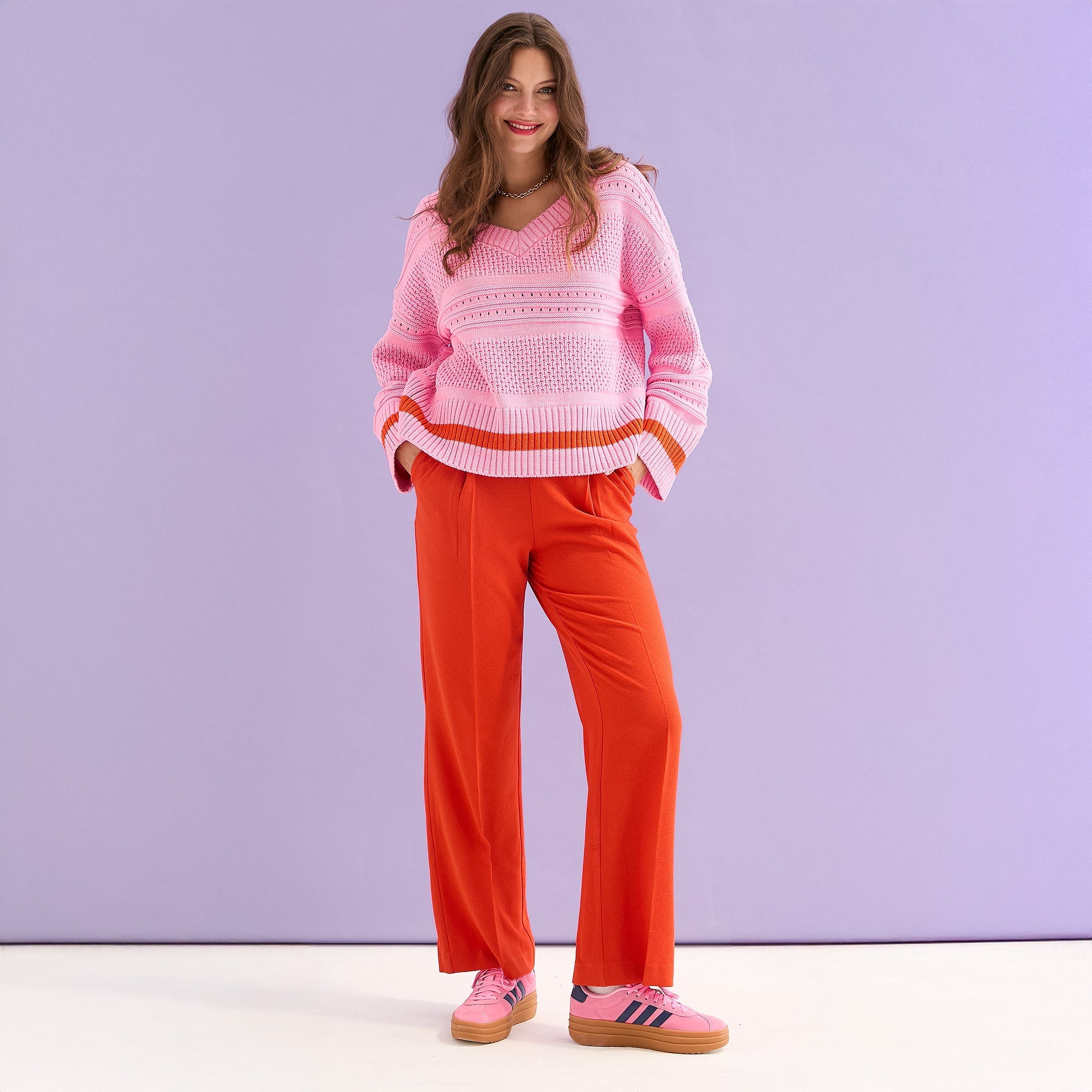 Judith Pointelle Stitch v Neck Jumper - Pink