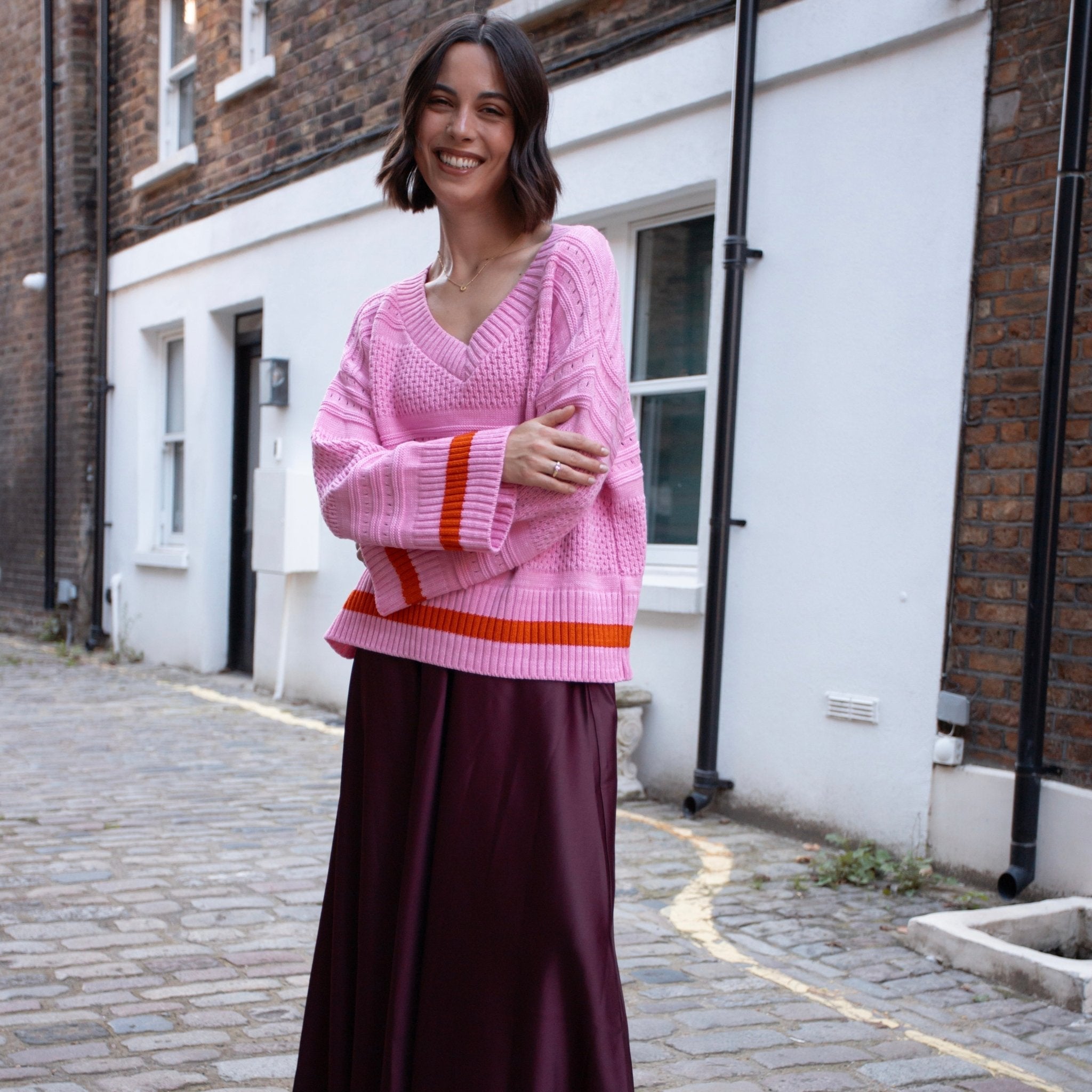 Judith Pointelle Stitch v Neck Jumper - Pink