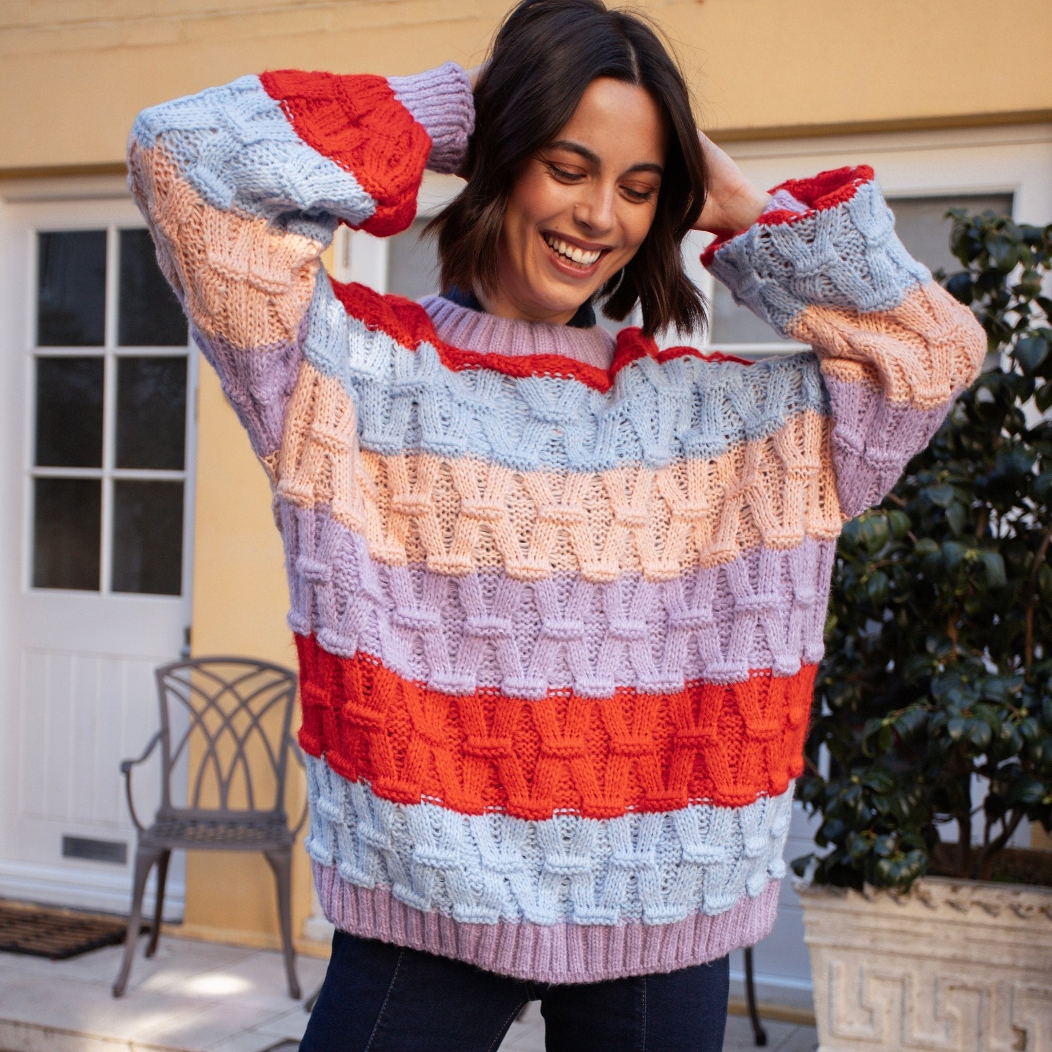 Mandy Criss-Cross Stitch Balloon Sleeve Stripe Jumper - Orange