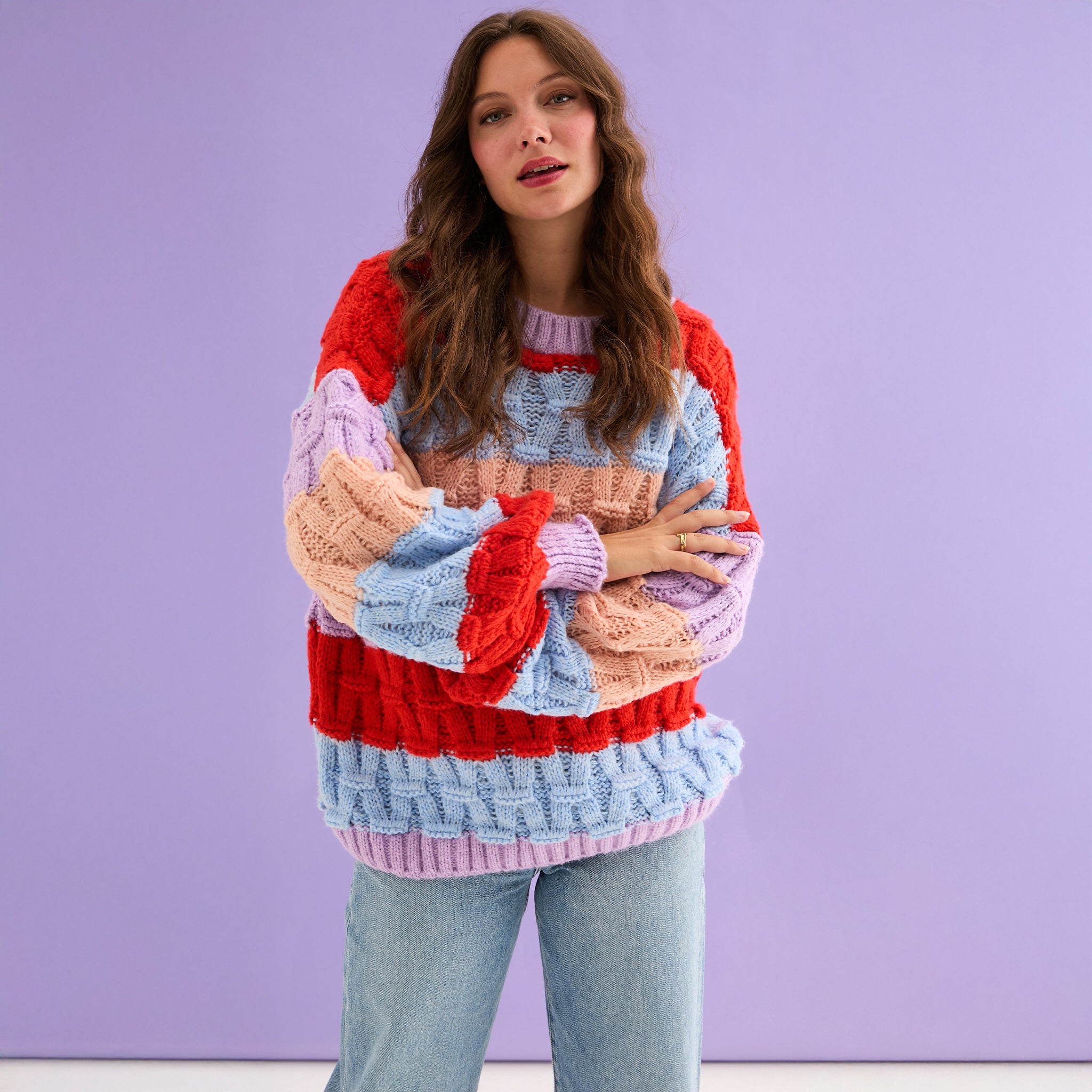 Mandy Criss-Cross Stitch Balloon Sleeve Stripe Jumper - Orange