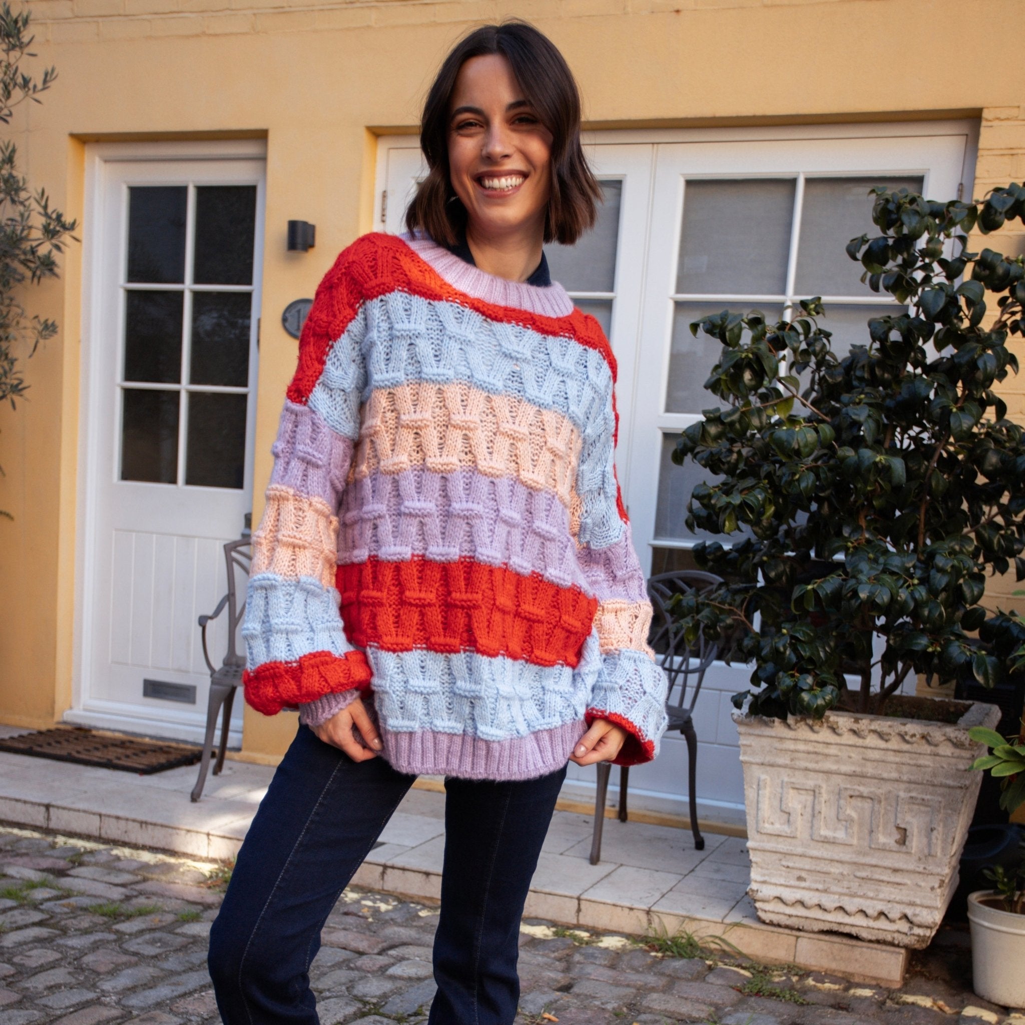 Mandy Criss-Cross Stitch Balloon Sleeve Stripe Jumper - Orange