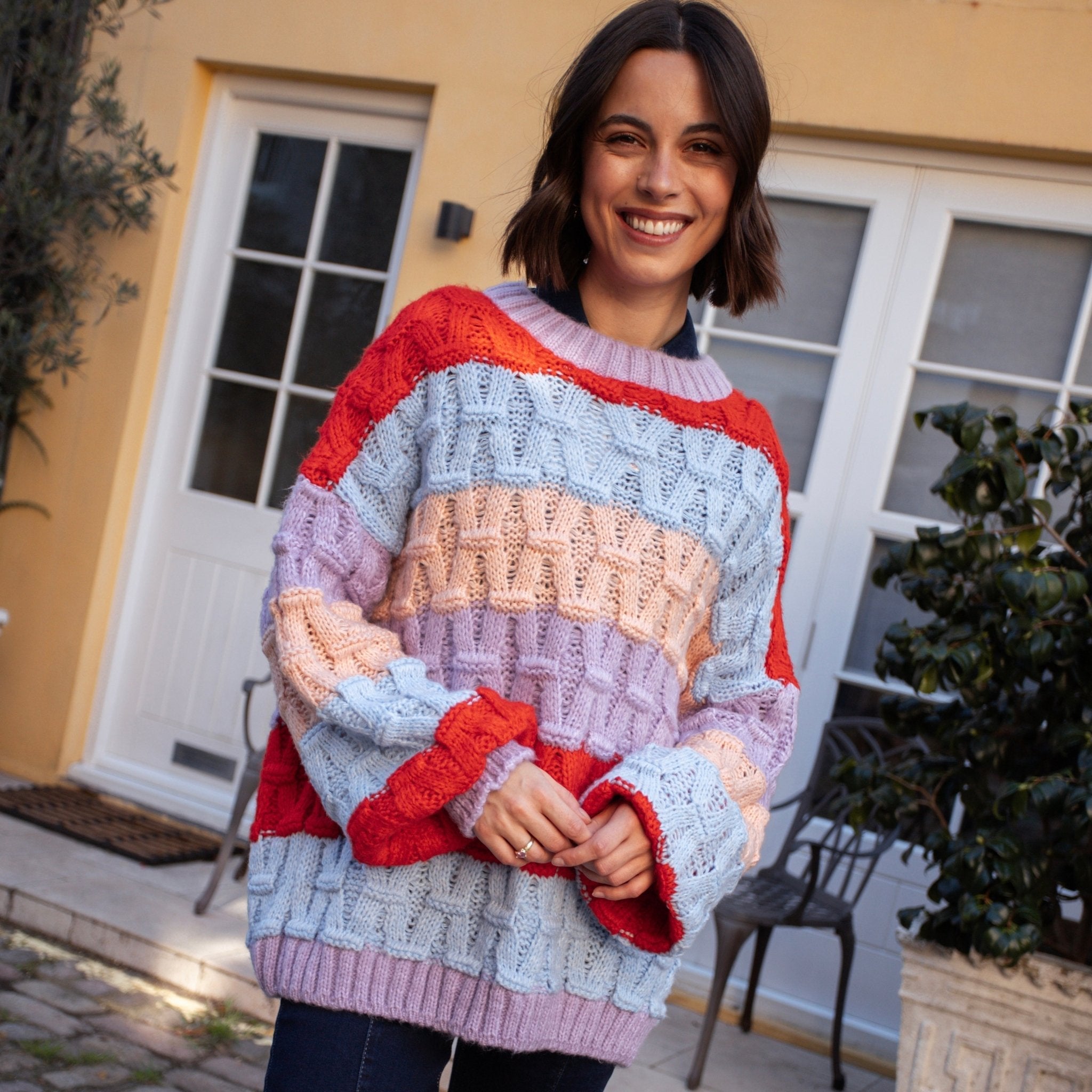 Mandy Criss-Cross Stitch Balloon Sleeve Stripe Jumper - Orange