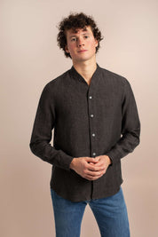 Brown - Collarless Linen Shirt