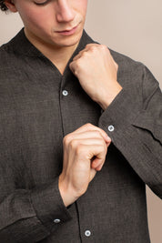 Brown - Collarless Linen Shirt