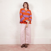 Millie Crochet Stripe v Neck Cotton Blend Jumper - Orange