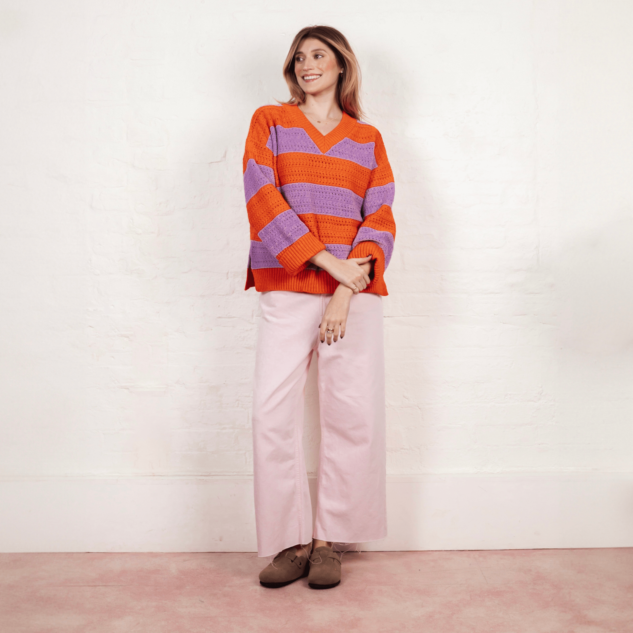 Millie Crochet Stripe v Neck Cotton Blend Jumper - Orange