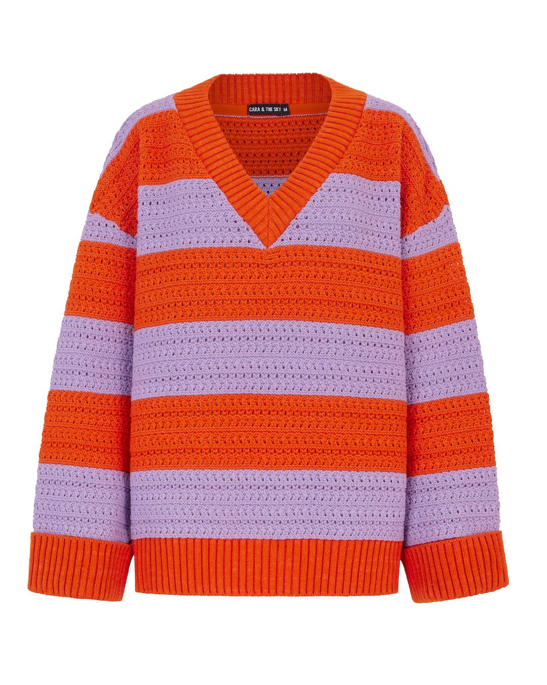 Millie Crochet Stripe v Neck Cotton Blend Jumper - Orange