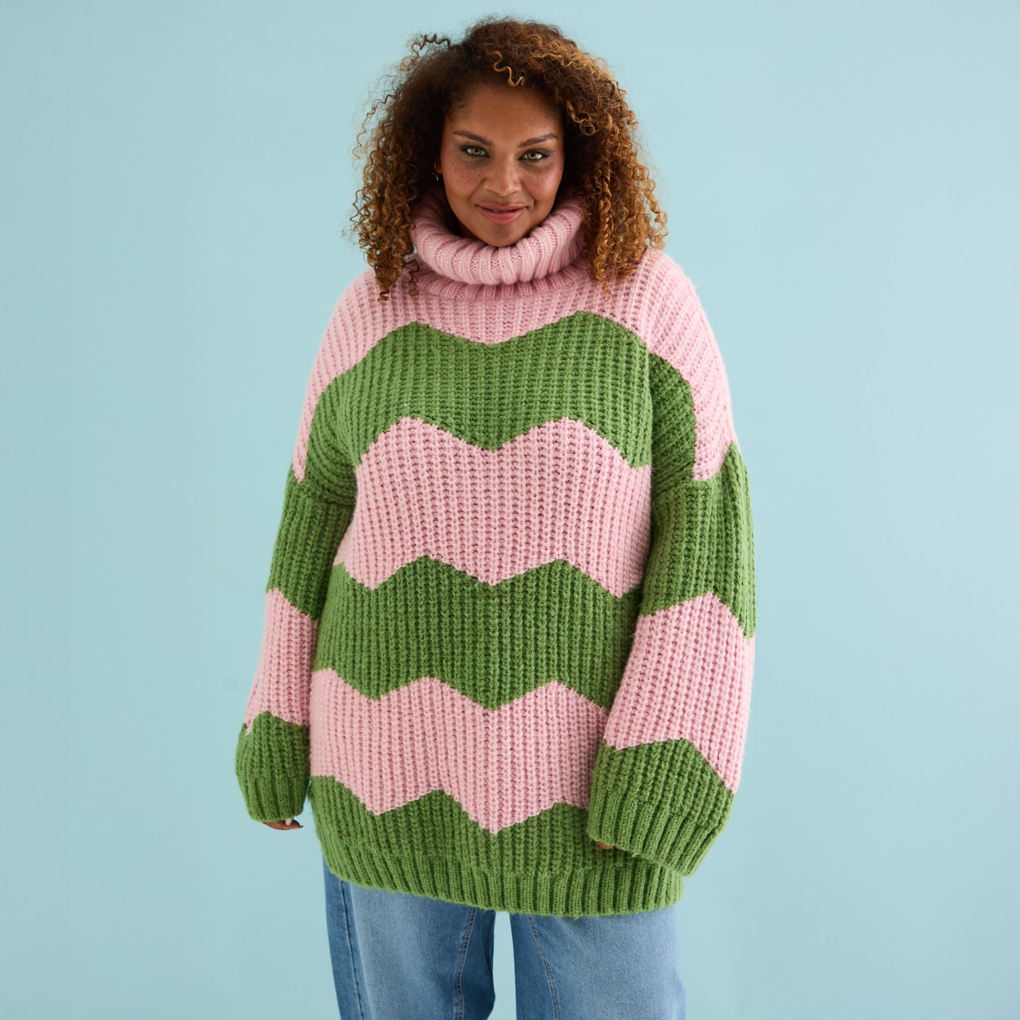 Nelly Chevron Roll Neck Knitted Jumper Dress - Pink