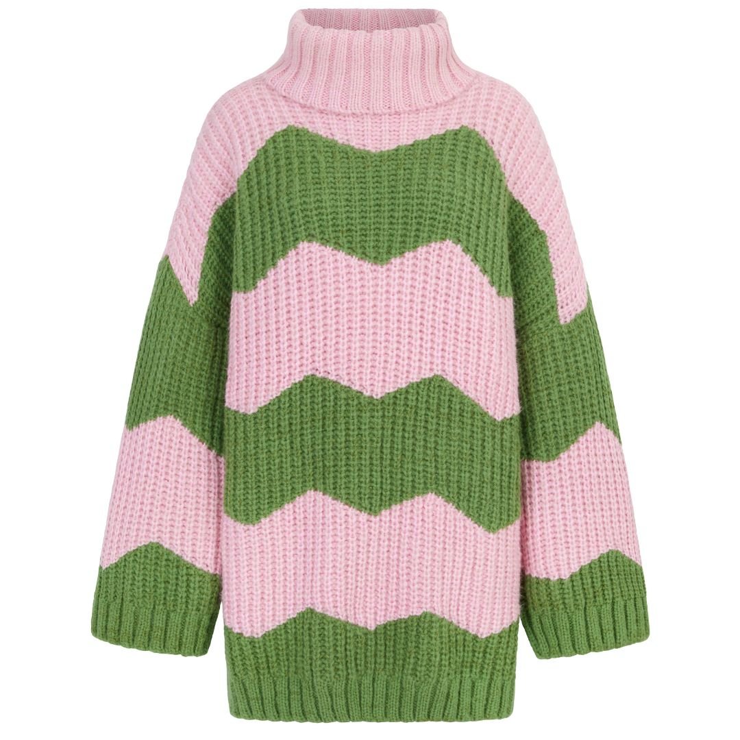 Nelly Chevron Roll Neck Knitted Jumper Dress - Pink