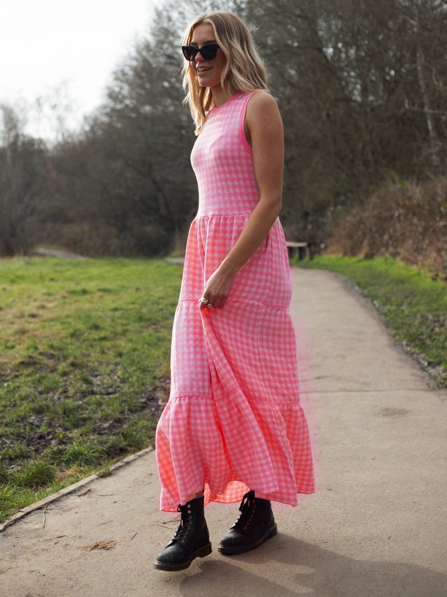 Paula Gingham Cotton Knitted Maxi Dress - Hot Pink