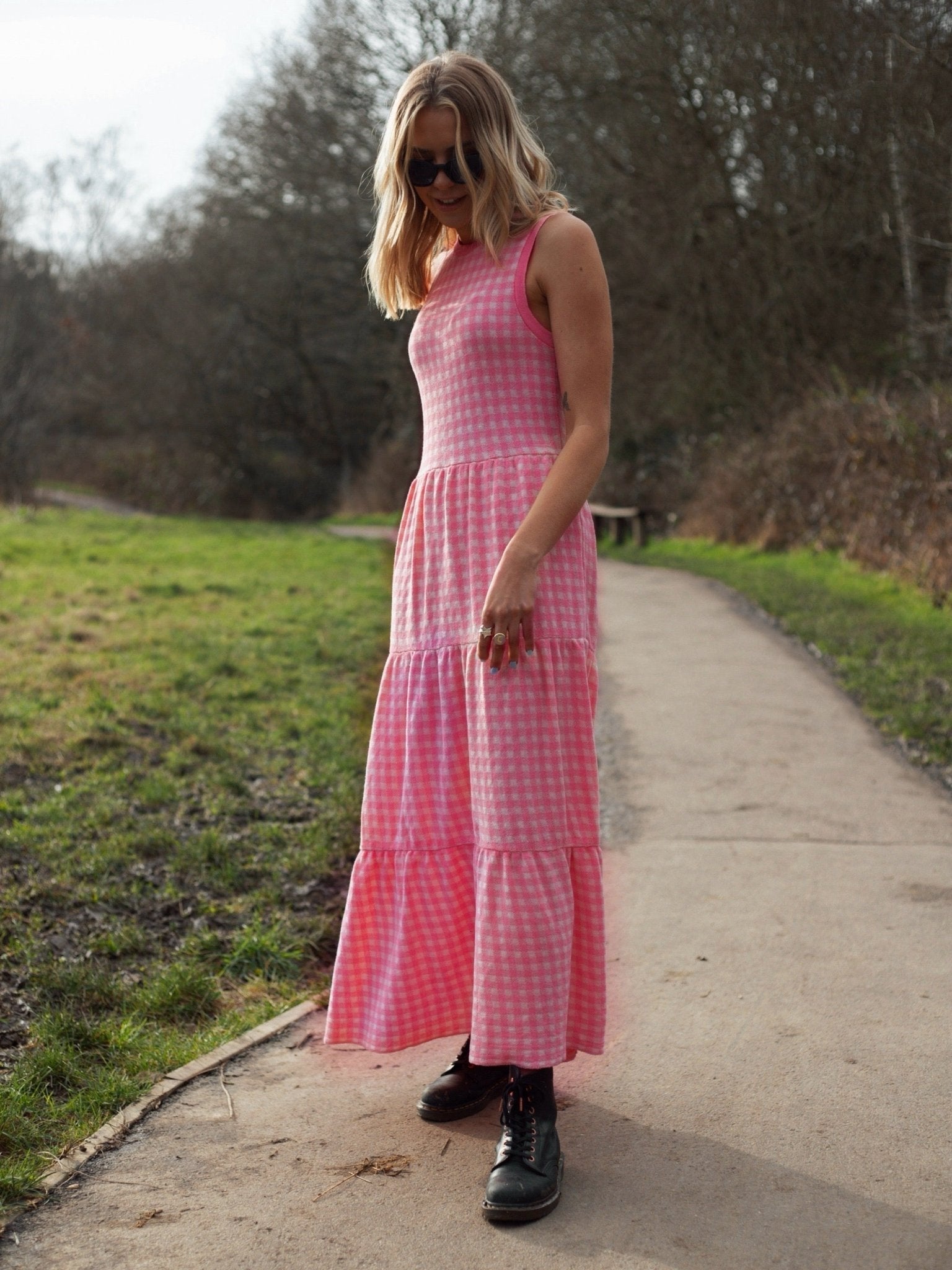 Paula Gingham Cotton Knitted Maxi Dress - Hot Pink