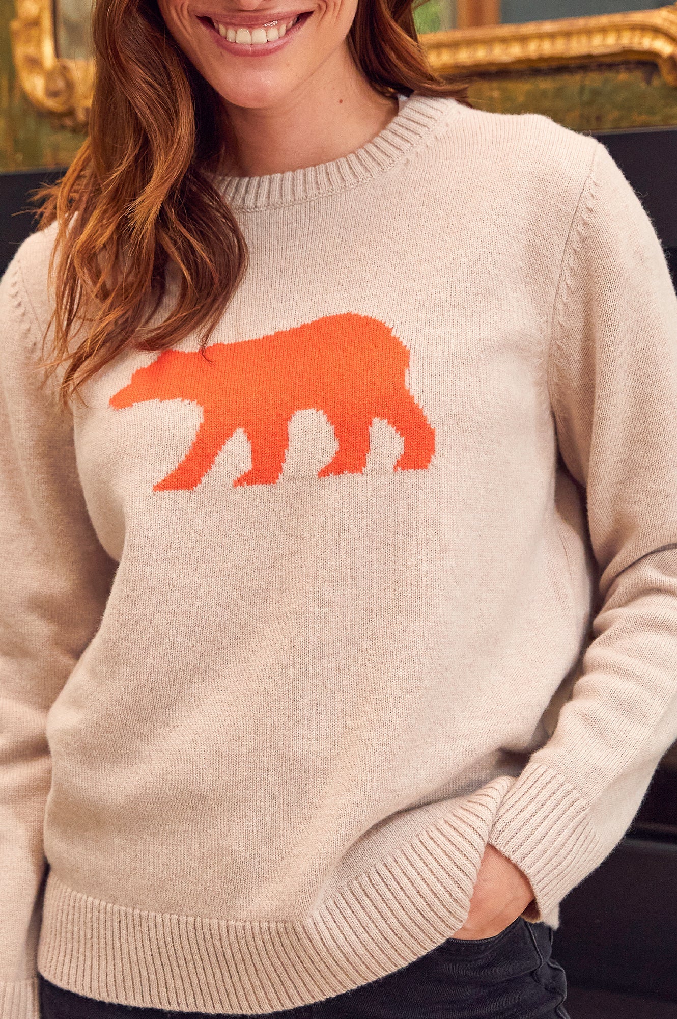 Merino Wool Polar Bear Jumper | Oat/Orange