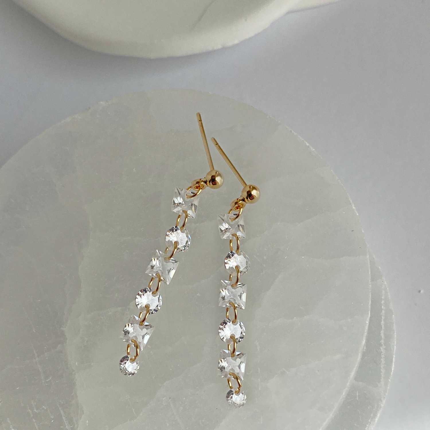 Rising Star Princess and Round Diamond Long Drop Tennis Earrings