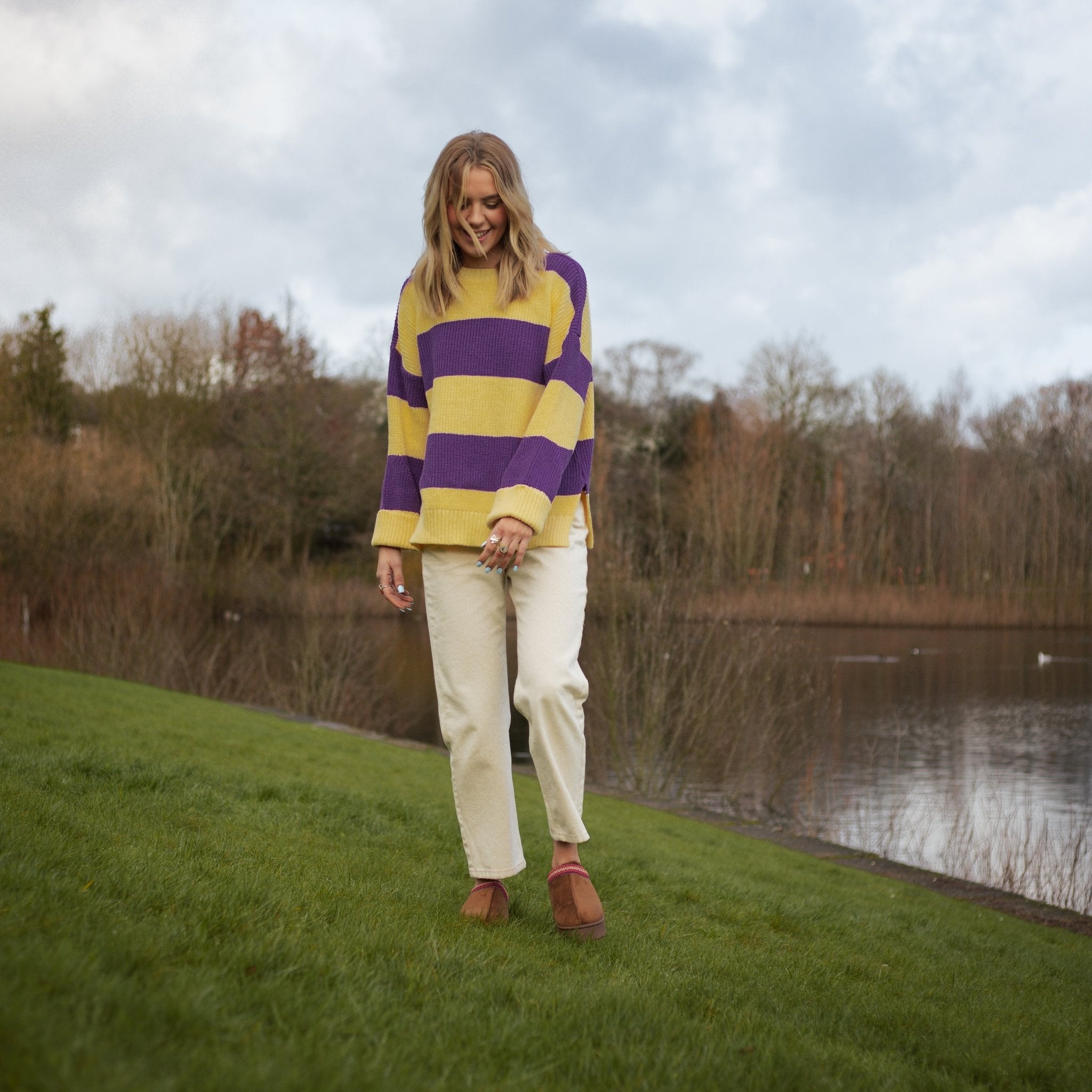 Rhiannon Recycled Cotton Mix Stripe Jumper - Purple and Yellow