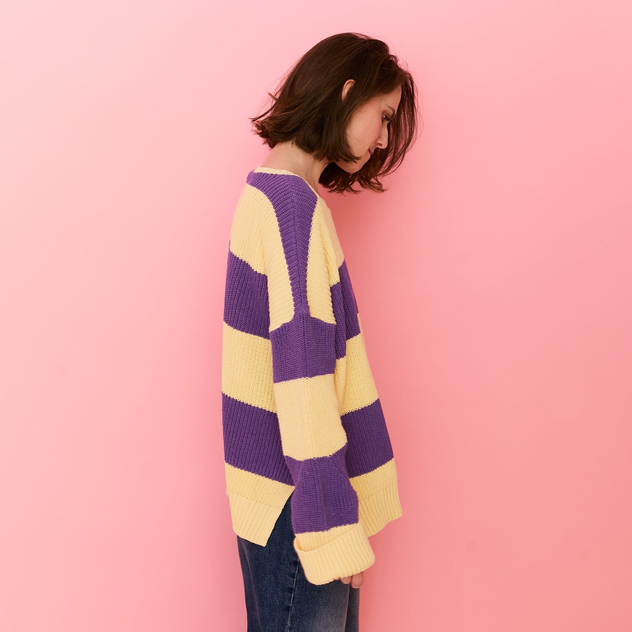 Rhiannon Recycled Cotton Mix Stripe Jumper - Purple and Yellow