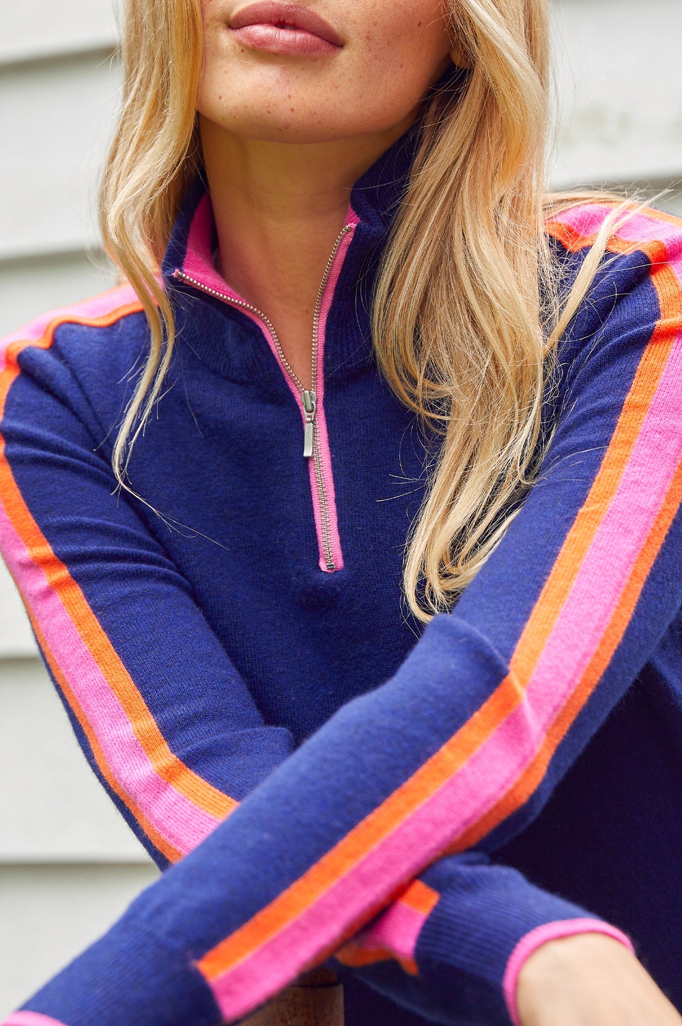 Merino Wool Overarm Stripe Quarter Zip Jumper | Navy/Pink/Orange