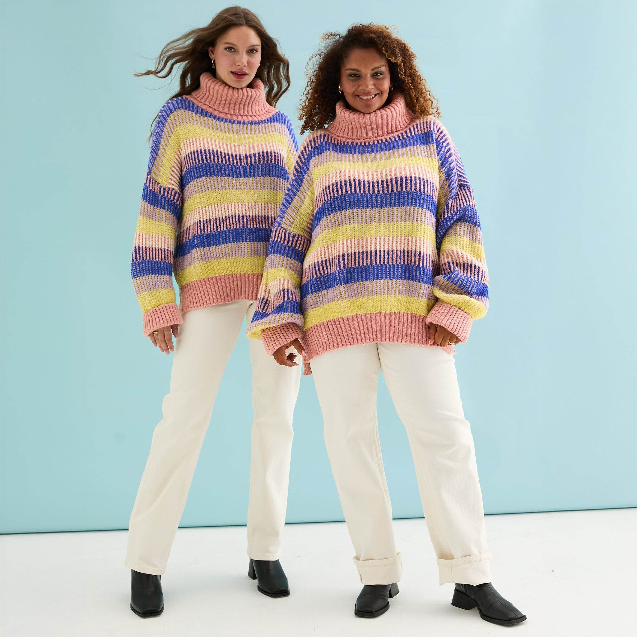 Tasha Oversized Balloon Sleeve Stripe Roll Neck Jumper - Pink