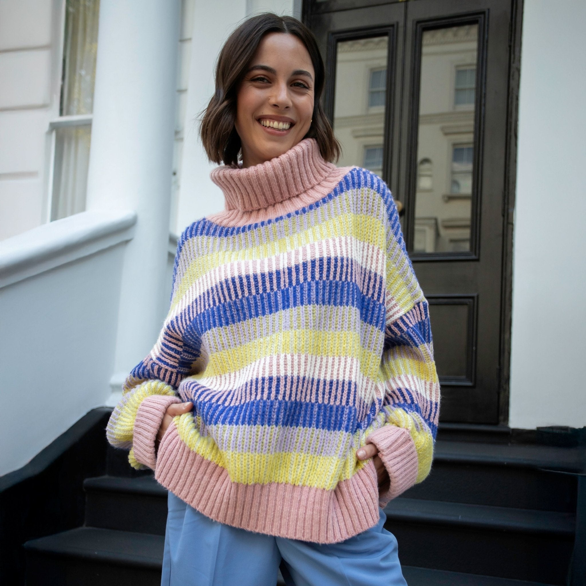 Tasha Oversized Balloon Sleeve Stripe Roll Neck Jumper - Pink