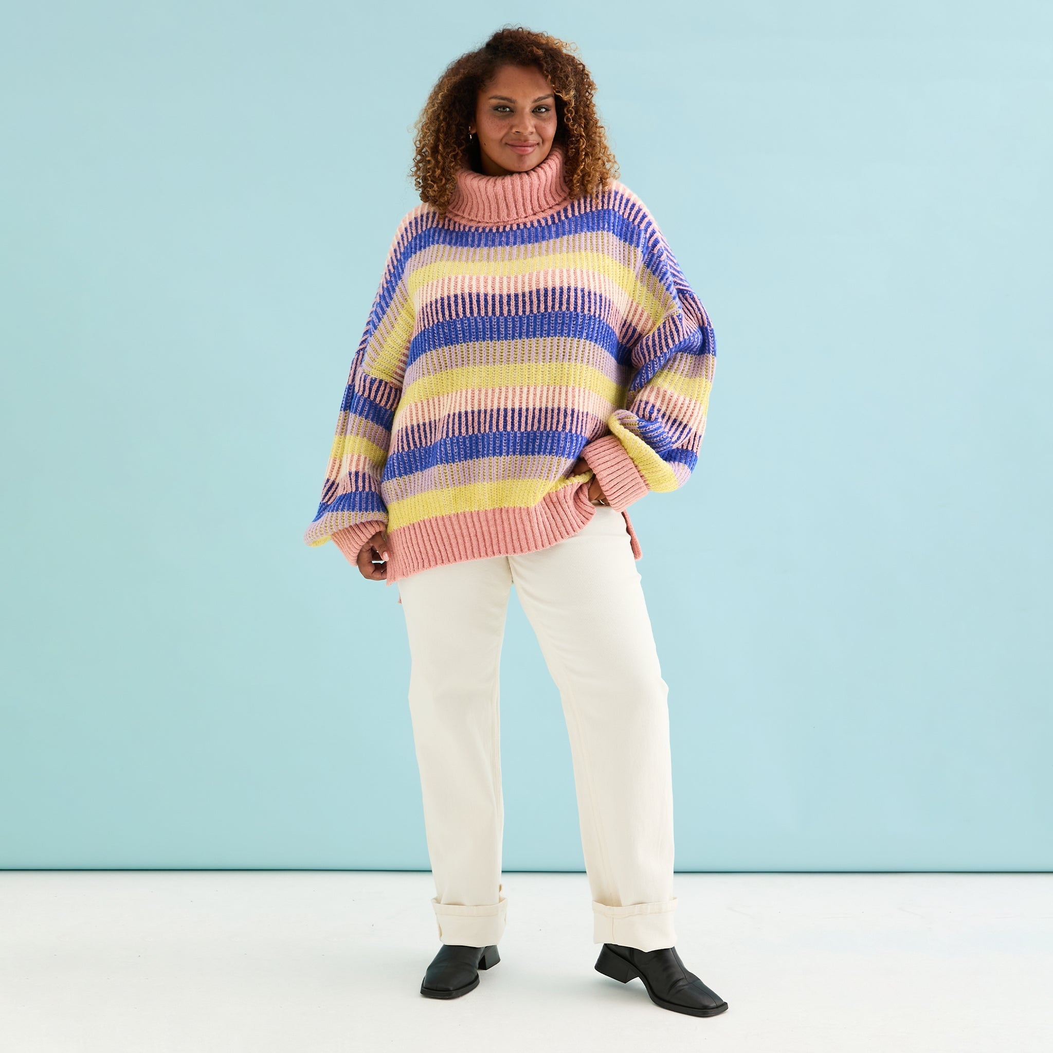 Tasha Oversized Balloon Sleeve Stripe Roll Neck Jumper - Pink