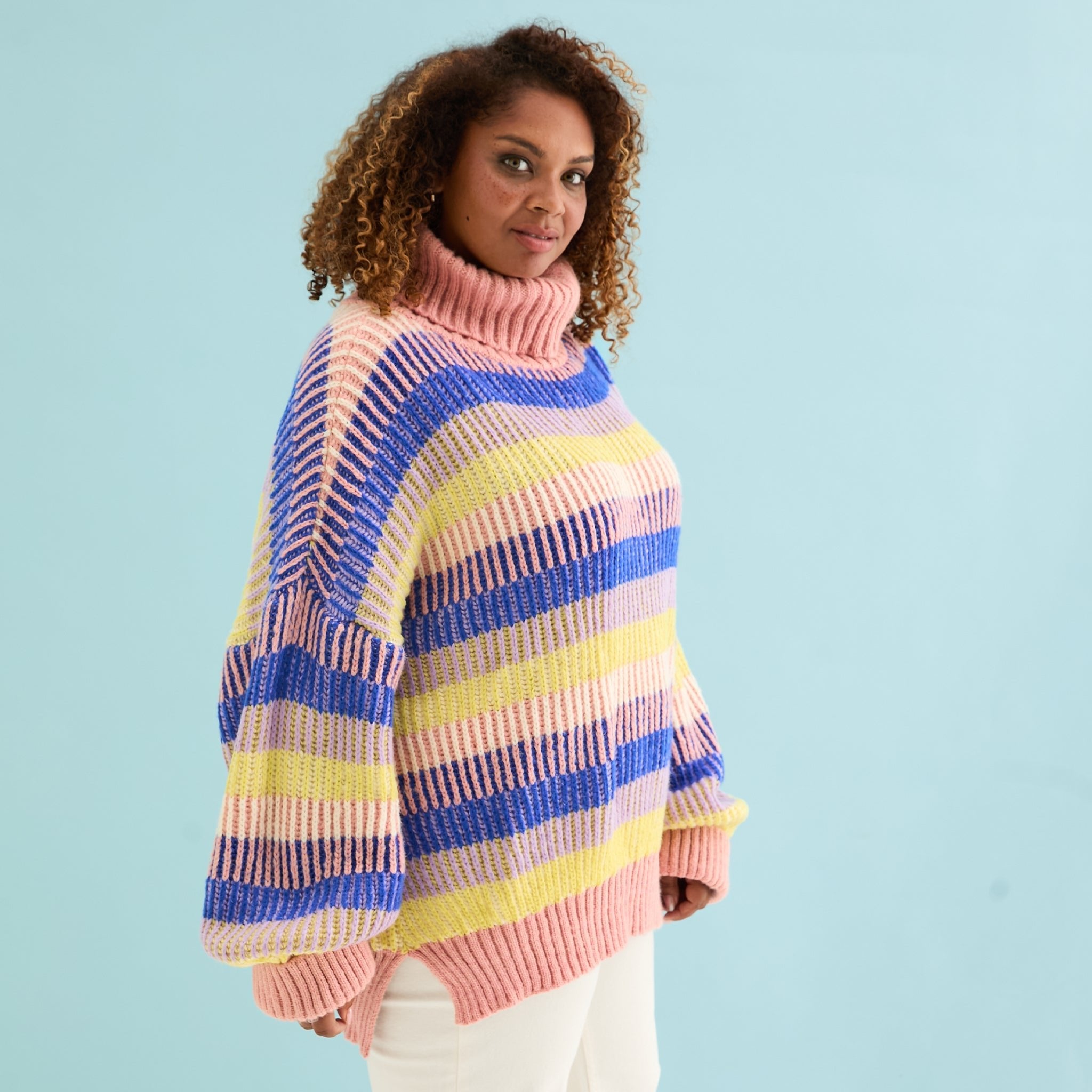 Tasha Oversized Balloon Sleeve Stripe Roll Neck Jumper - Pink