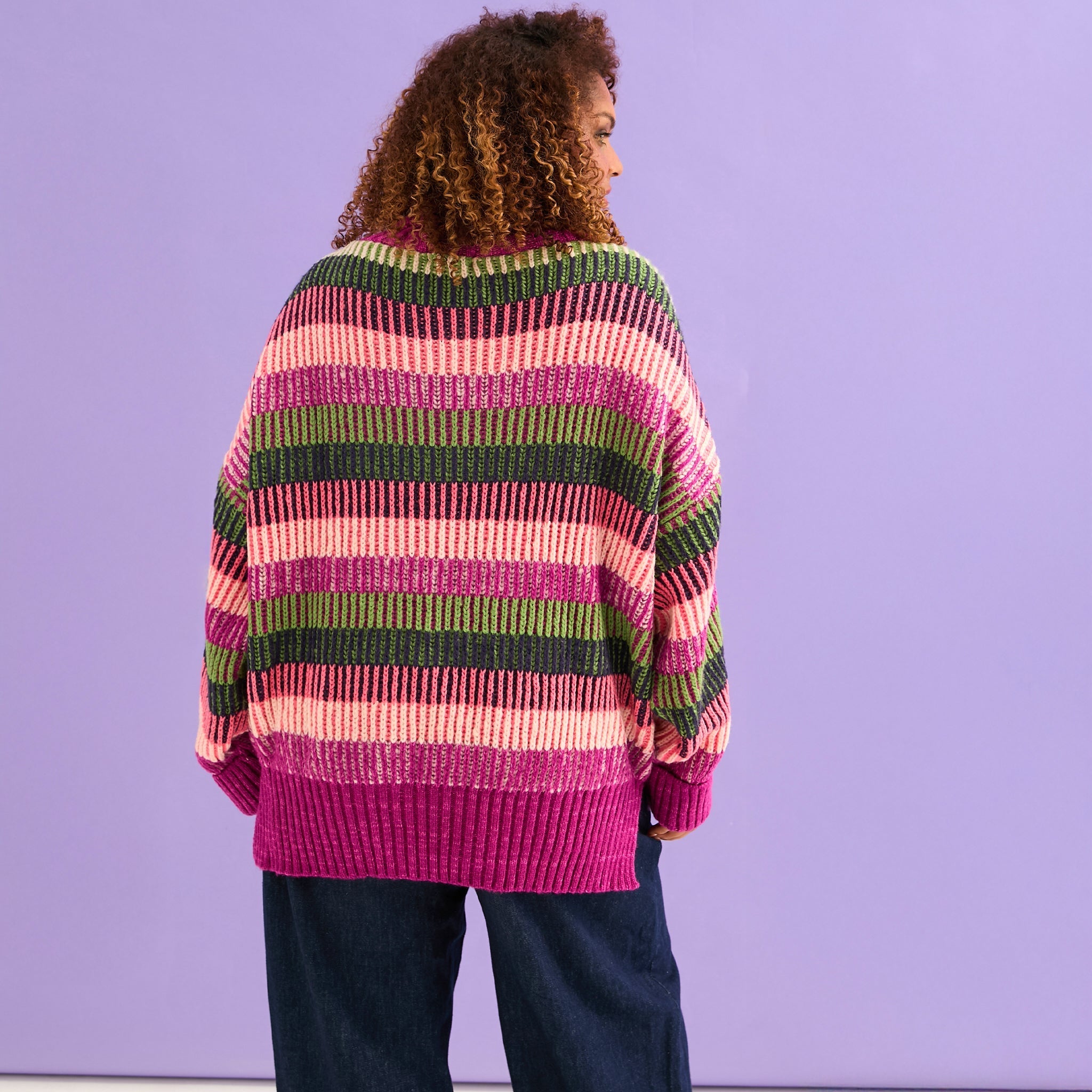 Tasha Oversized Balloon Sleeve Stripe Roll Neck Jumper - Purple