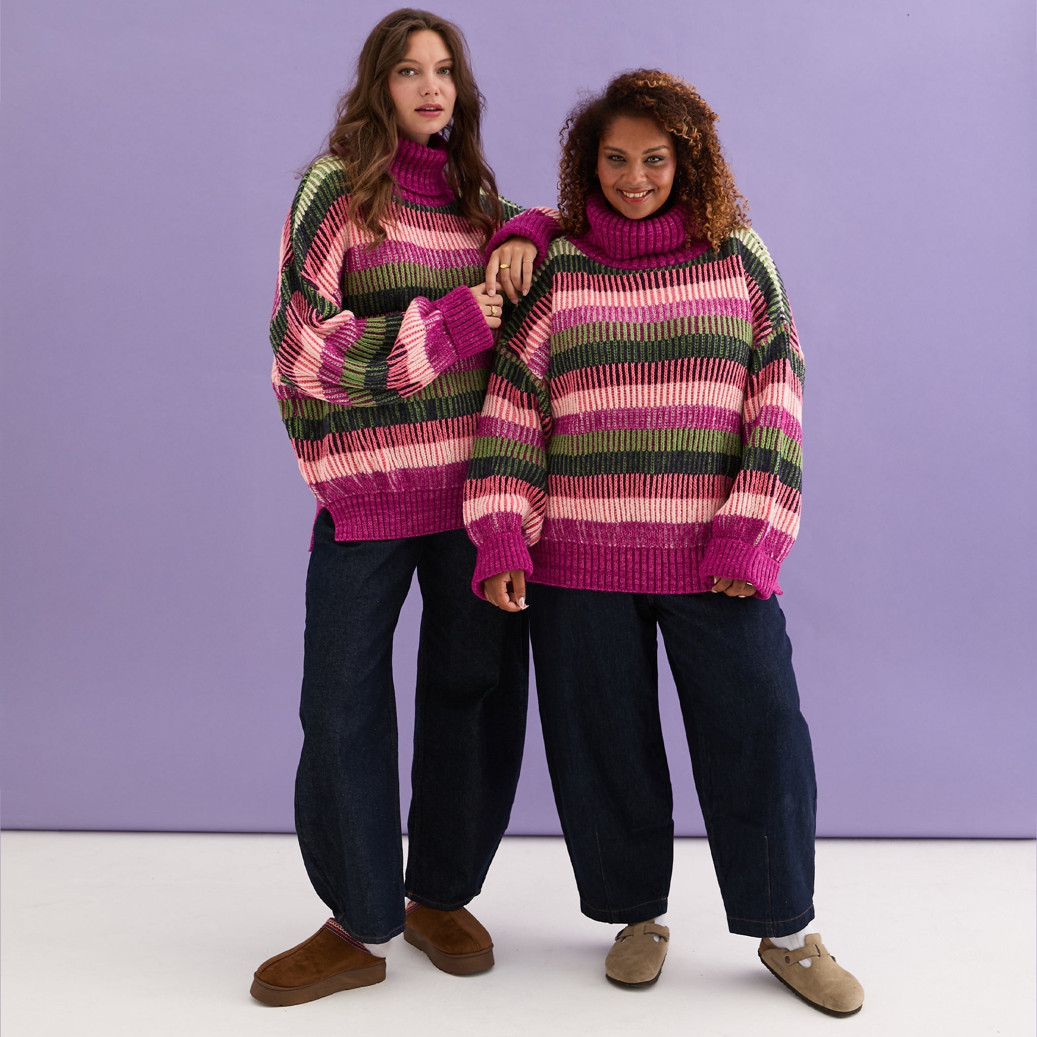 Tasha Oversized Balloon Sleeve Stripe Roll Neck Jumper - Purple