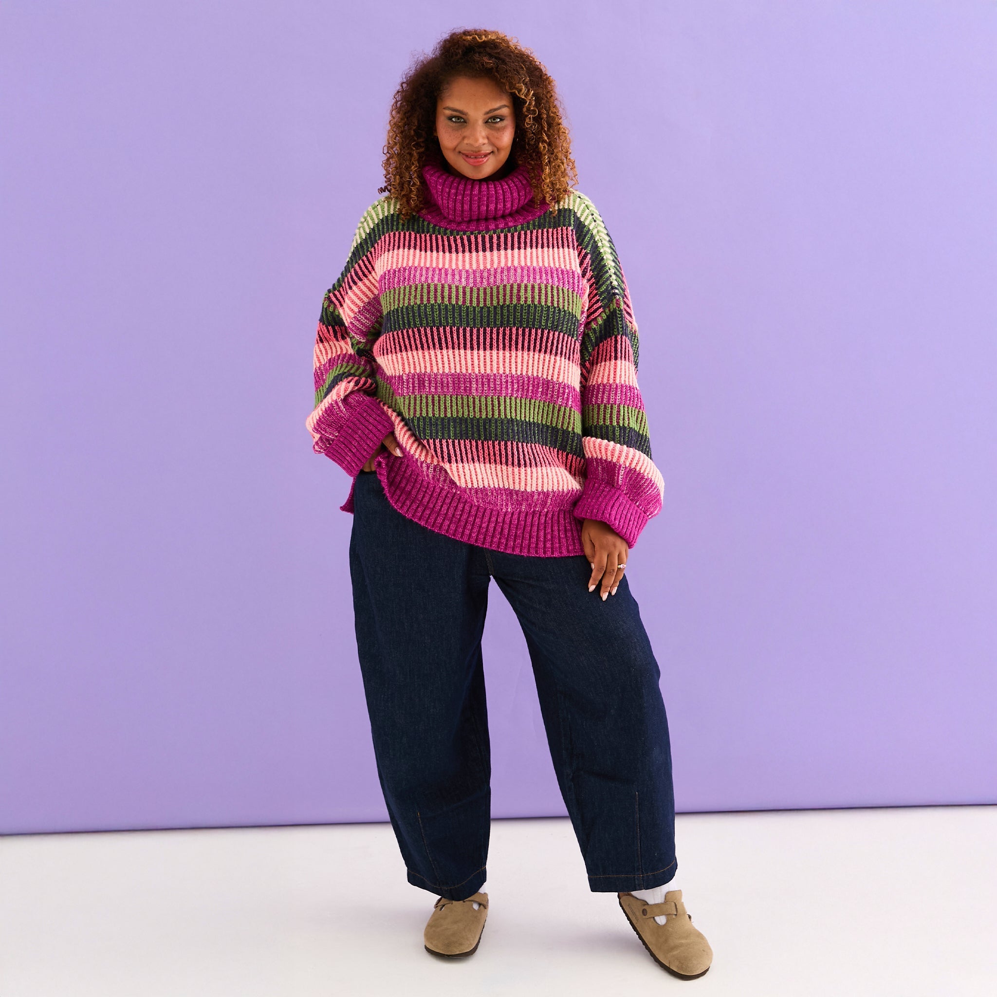 Tasha Oversized Balloon Sleeve Stripe Roll Neck Jumper - Purple