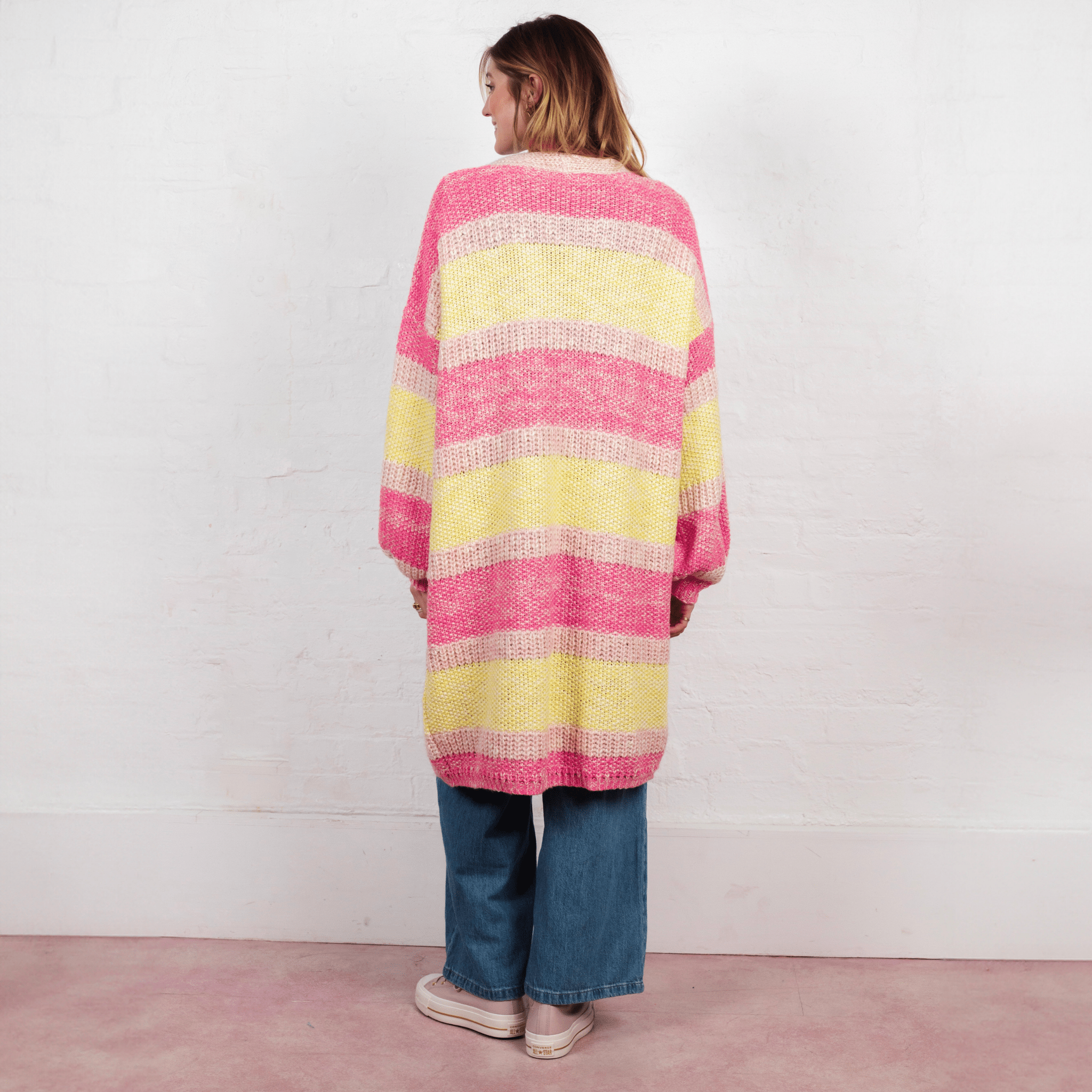 Tracy Stripe Balloon Sleeve Midi Cardigan - Pink