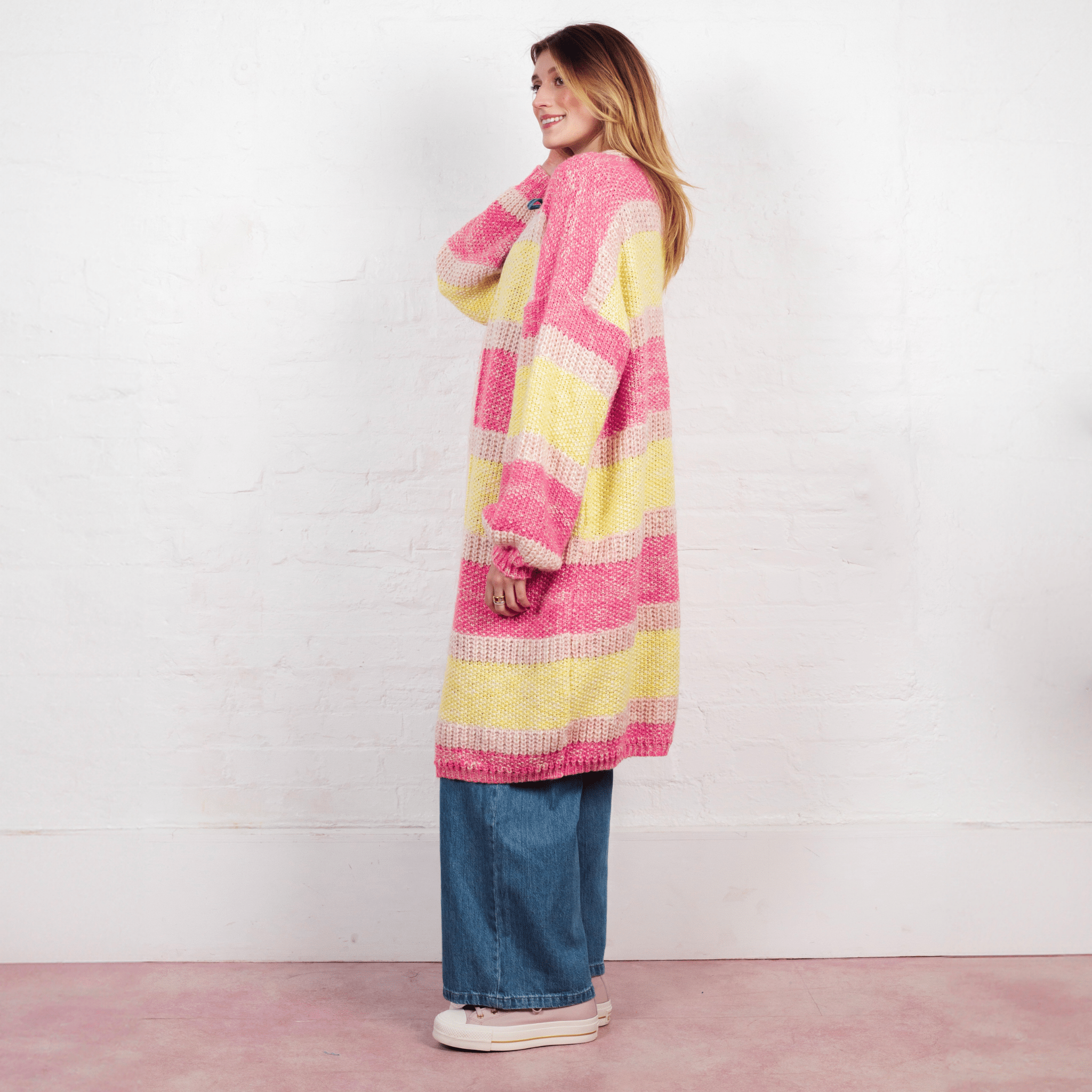 Tracy Stripe Balloon Sleeve Midi Cardigan - Pink