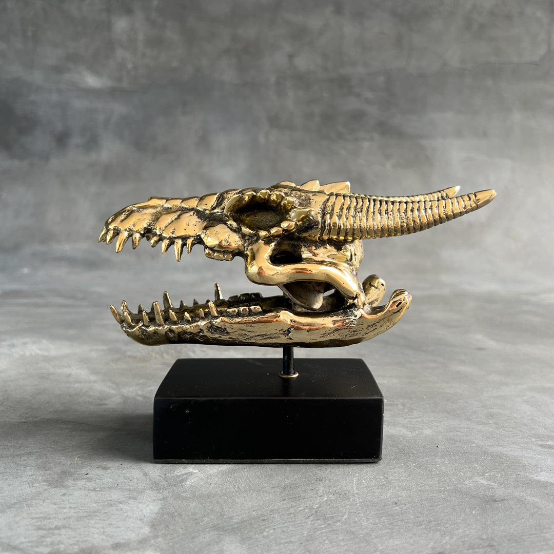 Polished Bronze Dragon Head Sculpture on Stand