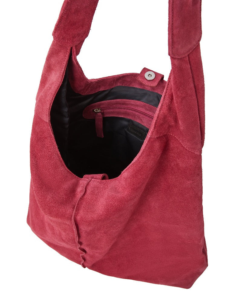 Strawberry Red Soft Suede Hobo Shoulder Bag