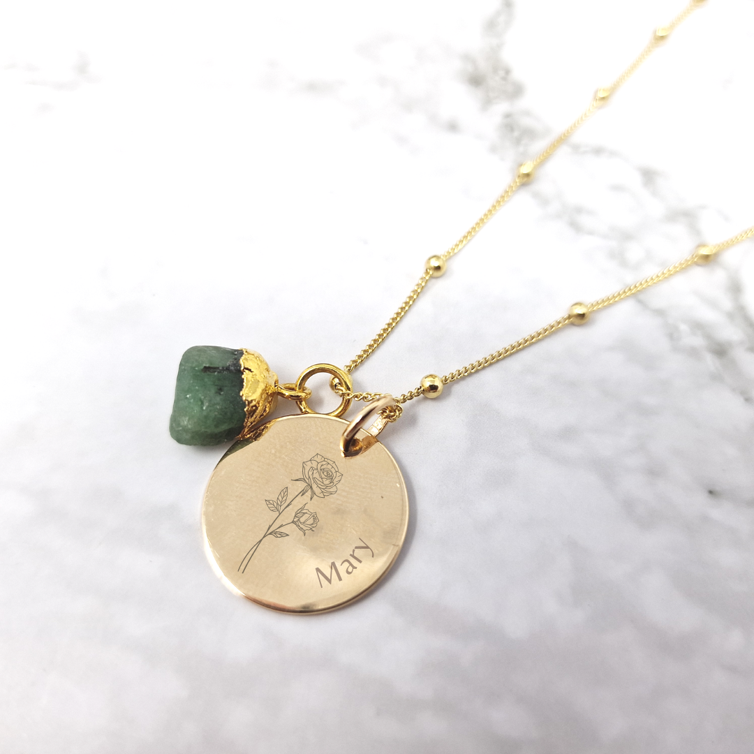 18ct Gold Vermeil Plated Birth Flower, Birthstone And Name Necklace
