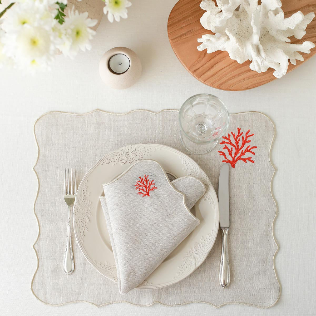 Coral Embroidery Linen Napkins (Set of 2)