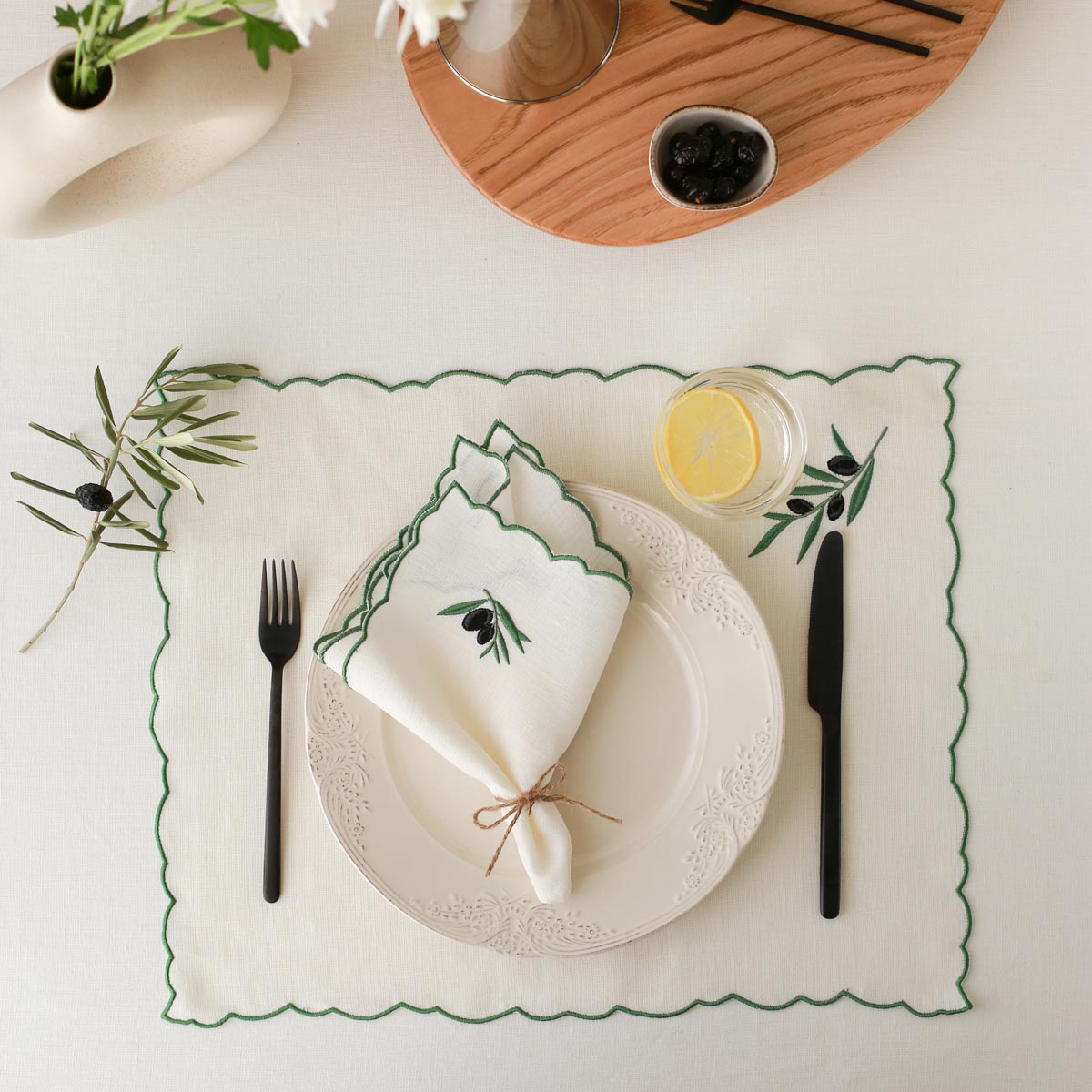 Olive Embroidery Linen Placemat (Set of 2)