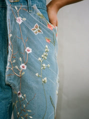 High Waisted Organic & Recycled Colourful Asymmetrical Embroidery Blue Jeans