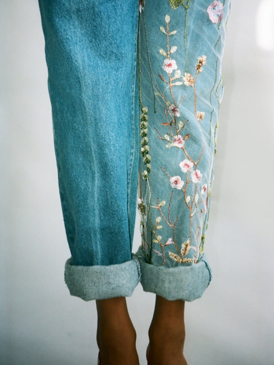 High Waisted Organic & Recycled Colourful Asymmetrical Embroidery Blue Jeans