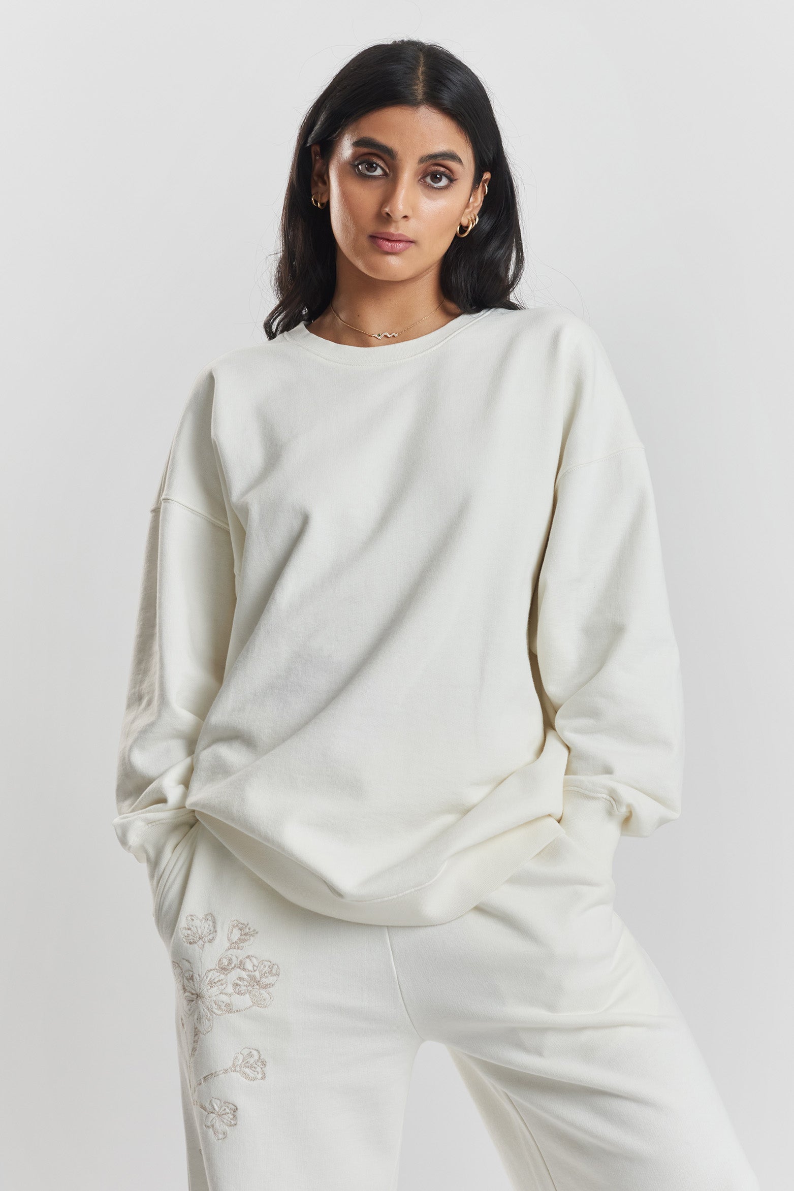 Salix blossom-embroidered cotton sweatshirt - Moonlight White