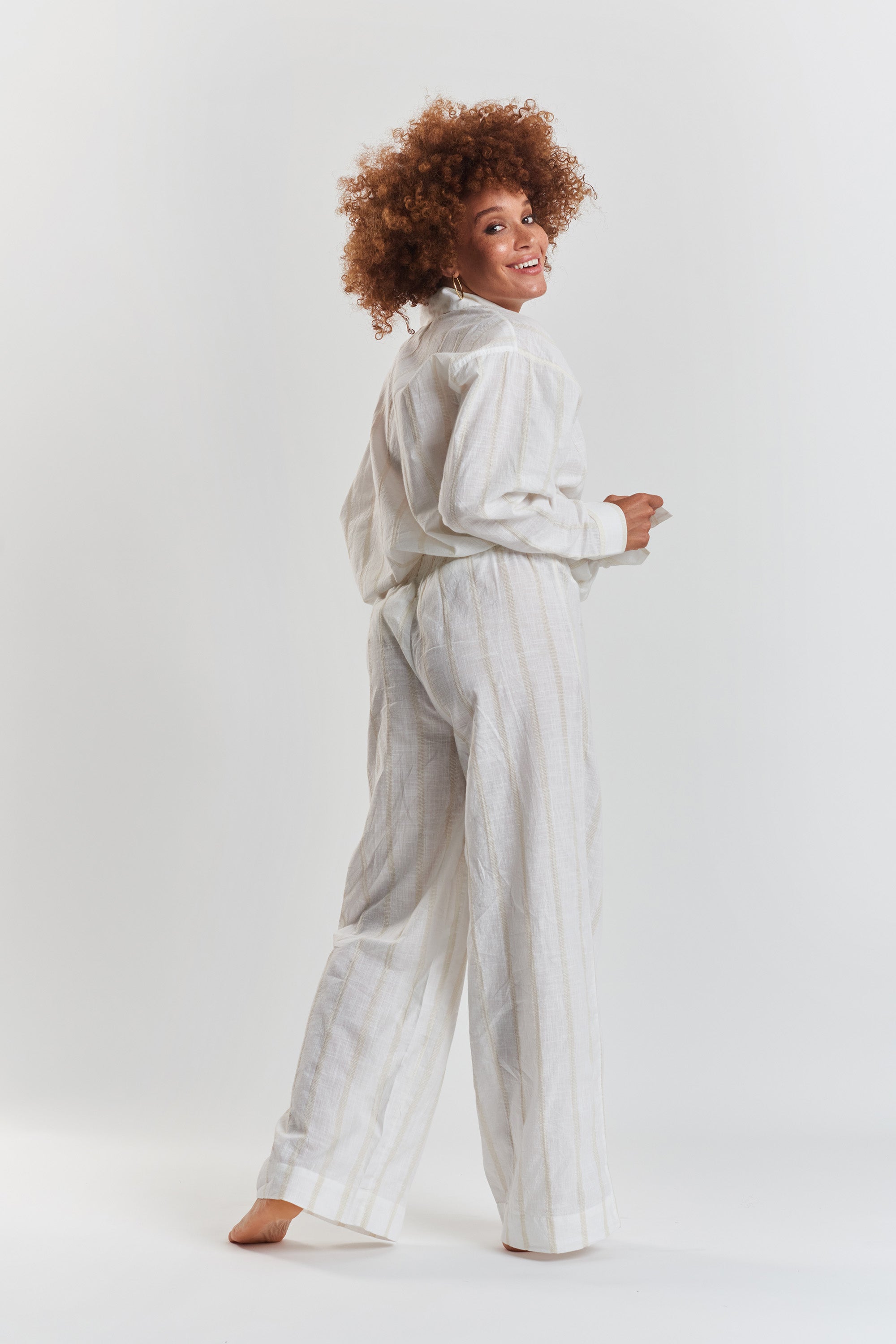 Robinia striped woven-cotton wide leg trousers - Summer Sand
 Beige