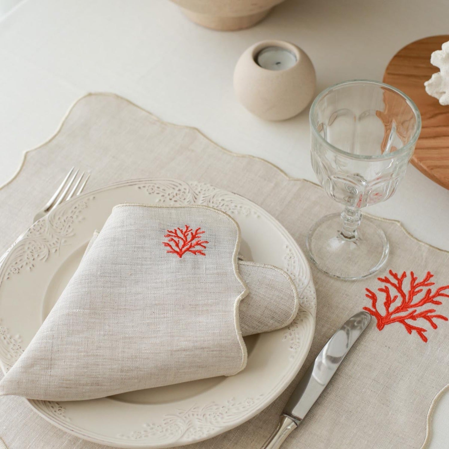 Coral Embroidery Linen Placemats (Set of 2)