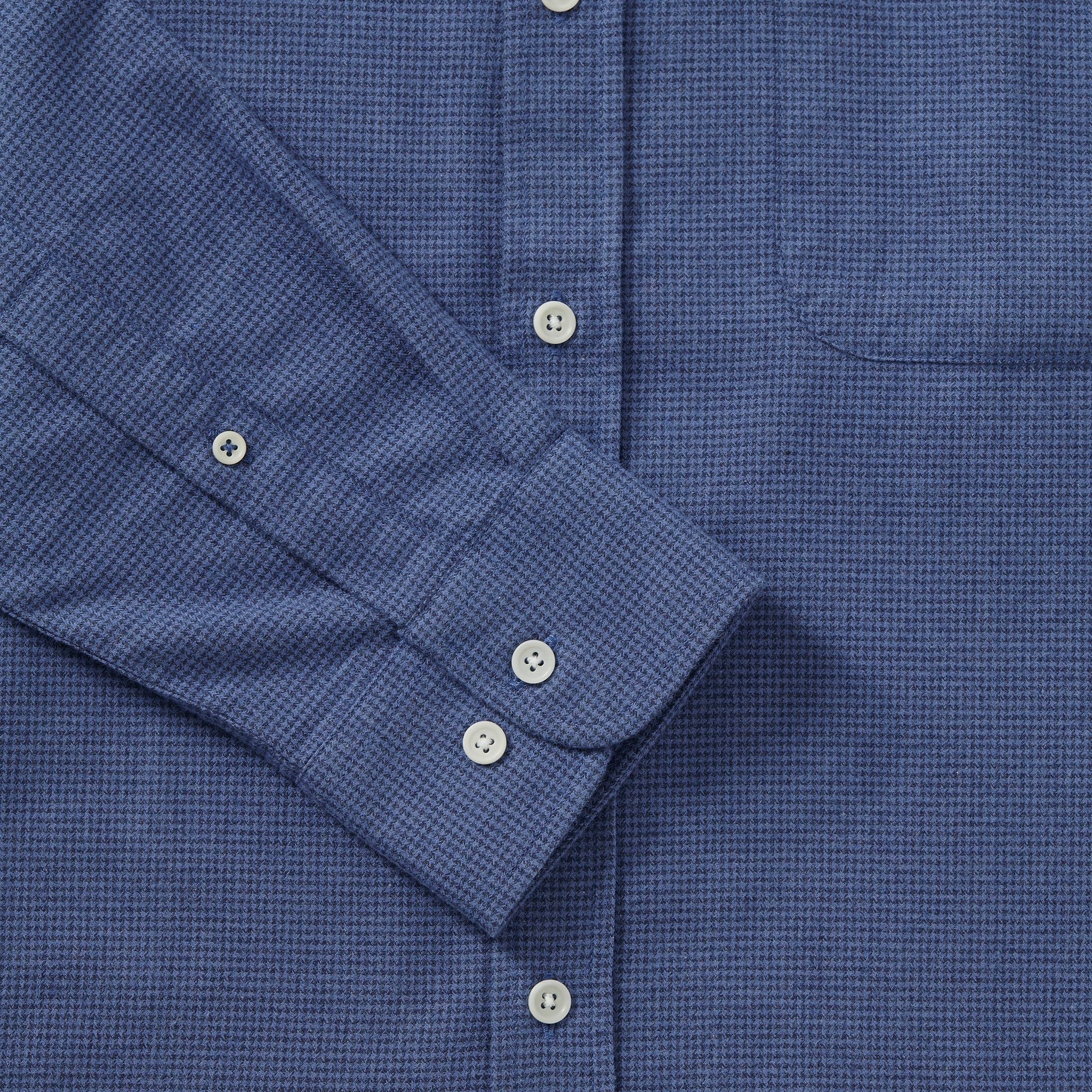 Brushed Cotton Collarless Shirt - Blue Houndstooth