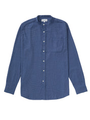 Brushed Cotton Collarless Shirt - Blue Houndstooth