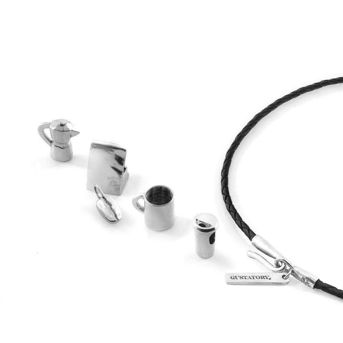 Midnight Black GUSTATORY Coffee Bean Silver and Braided Leather Bracelet