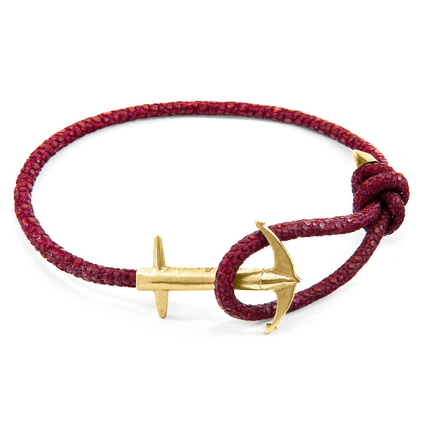 ANCHOR & CREW Bordeaux Red Admiral Anchor 9ct Yellow Gold and Stingray Leather Bracelet