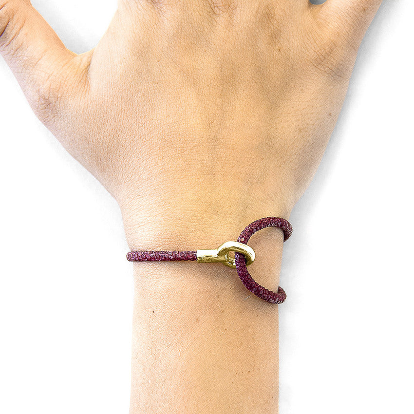 ANCHOR & CREW Bordeaux Red Blake 9ct Yellow Gold and Stingray Leather Bracelet