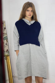 100% Linen 3/4 Sleeve Classic Dress Light Grey