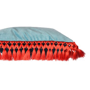 Teal & Turquoise Oriental Velvet Cushion with Coral Fringe
