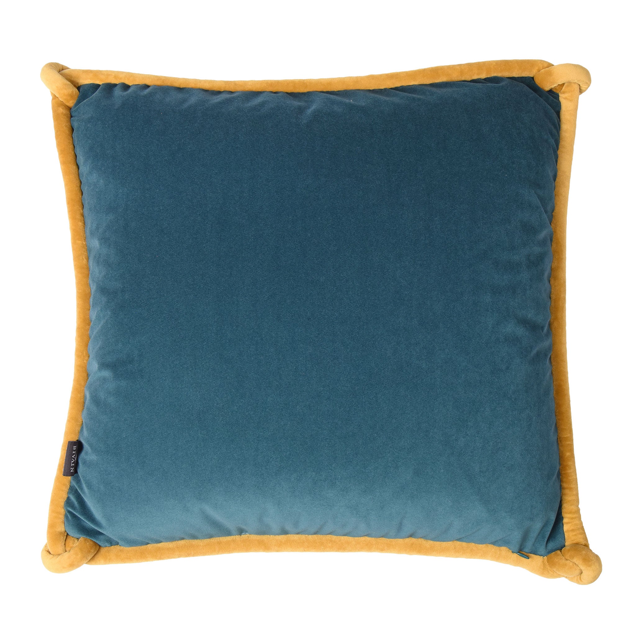 Teal & Ocean Blue Velvet Cushion with Yellow Knotted Piping